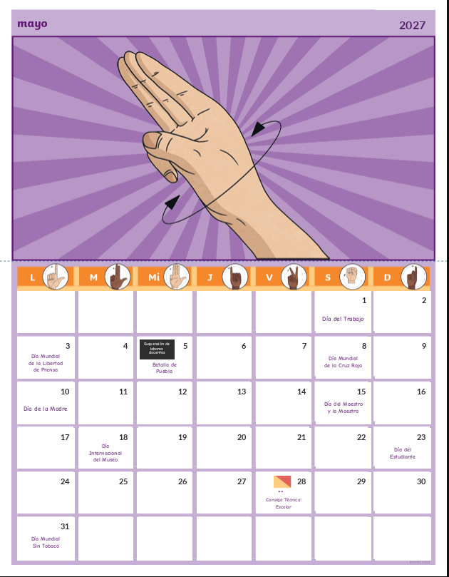 Página del calendario LSM del mes de mayo 2027